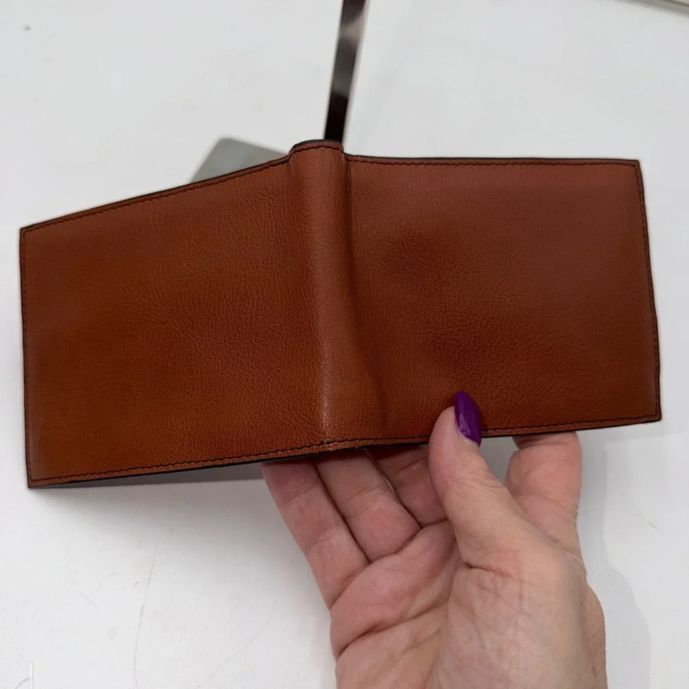 Kenneth Cole New York Mens Leather Bifold Wallet Cognac Brown 8 Card Slots